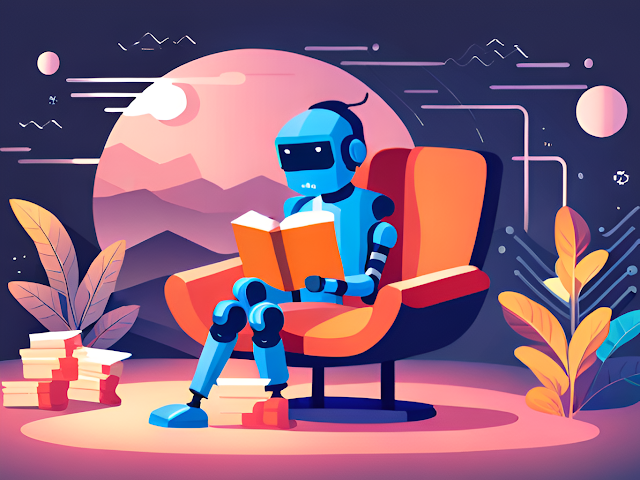 Machine learning. A robot reading a book