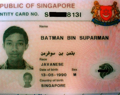 KAD pengenalan yang mengandungi nama warga Singapura, Batman bin Suparman. 