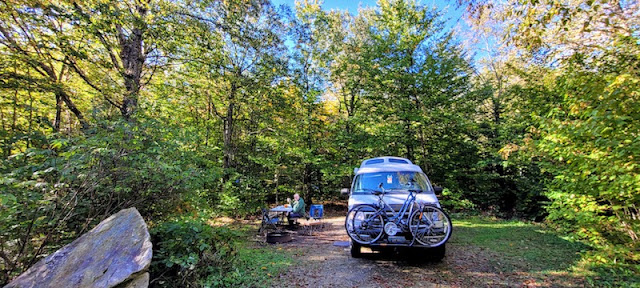 Campervan parked in camp site, surrounded by many green trees.