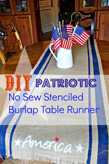 Quick Easy DIY 4th of July Patriotic No Sew Grain sack Stripe Stenciled Burlap Table Runner by Serendipity Refined