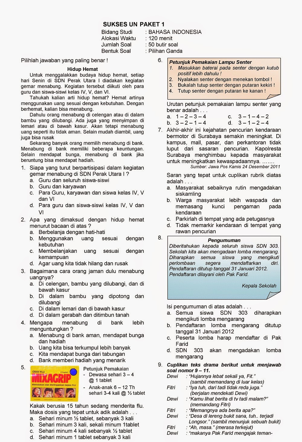  Kunci  Jawaban  dan  Soal  UN  Bahasa  Indonesia Kelas  6  SD TA 