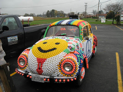  ping pong balls on an old 1971 Volkswagen Beetle named The Last Cup