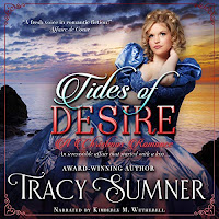 Tides of Desire audiobook cover. A Pretty girl in a blue dress on rocks by the sea.