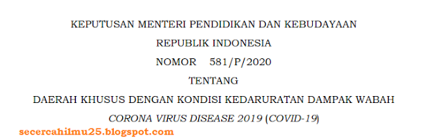 DAFTAR DAERAH KHUSUS DENGAN KONDISI KEDARURATAN DAMPAK WABAH COVID-19 | KEPMENDIKBUD NO. 581/P/2020