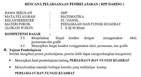 RPP Daring Matematika Kelas 9 Semester Ganjil Kurikulum 2013 Tahun Pelajaran 2020/2021