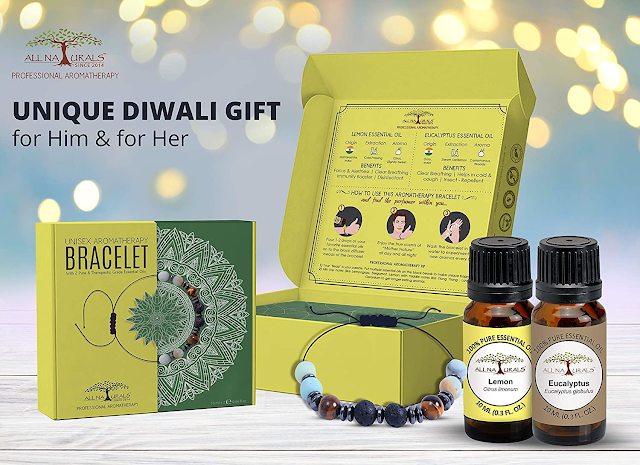 All Naturals Unique Diwali Gift Combo for Brothers and Sisters Aroma Diffuser Bracelet Combo Gift Set with Eucalyptus and Lemon Essential Oils Combo (10ml each)