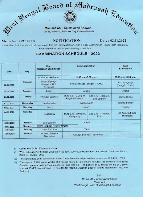 Programme of High Madrasah, Alim and Fazil Examination 2023