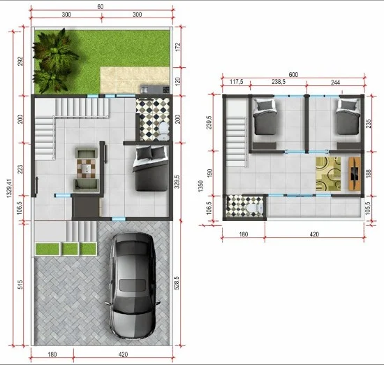 Lingkar Warna Denah Rumah Minimalis Ukuran 6x13 Meter 3 Kamar Tidur 2 Lantai Tampak Depan