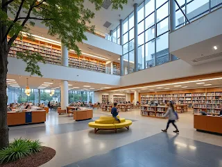 modernized public library with upgraded technology, improved spaces, and community areas, representing the NSW Public Library Infrastructure Grants’ support for enhancing public library facilities and services.