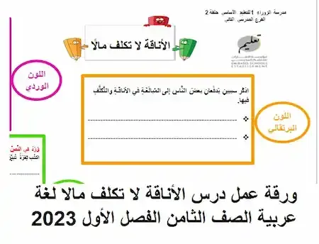 ورقة عمل درس الأناقة لا تكلف مالا لغة عربية الصف الثامن الفصل الأول 2023 بوربوينت