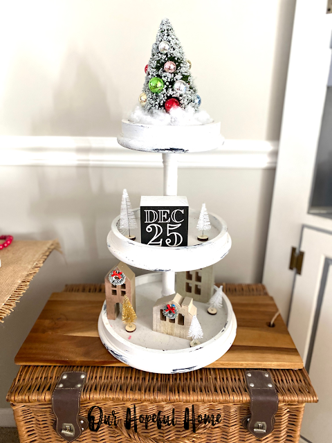 white three tier tray with Christmas tier tray decor