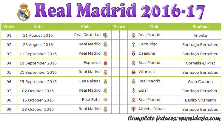 Real Madrid Fixtures & Results 2016-2017 - Cavpo