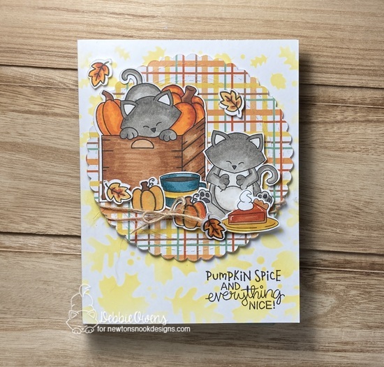 Pumpkin spice and everything nice by Debbie features Newton Loves Coffee, Newton's Crate, Pumpkin Latte, Newton's Thanksgiving, Falling Leaves, Autumn, Circle Frames by Newton's Nook Designs; #inkypaws, #newtonsnook, #autumncards, #coffeecards, catcards, #cardmaking