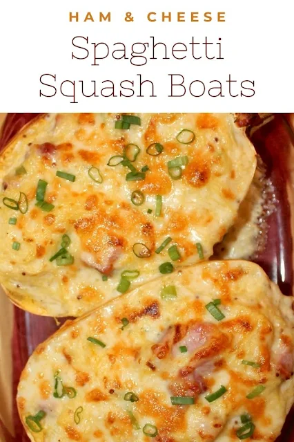 Close up of ham and cheese spaghetti squash boats.