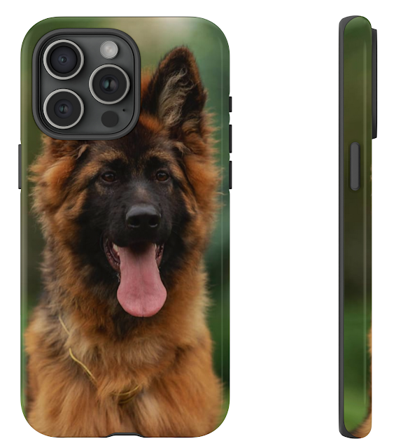 iPhone 15 Pro Max Tough Case With Beautiful Young Red and Black German Shepherd Leaving Tongue Out