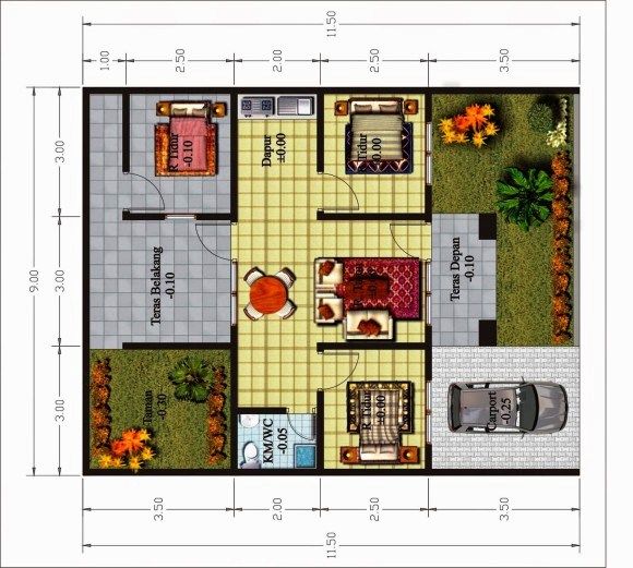 15 denah  rumah  3  kamar  tidur  2  kamar  mandi 1 lantai 2  