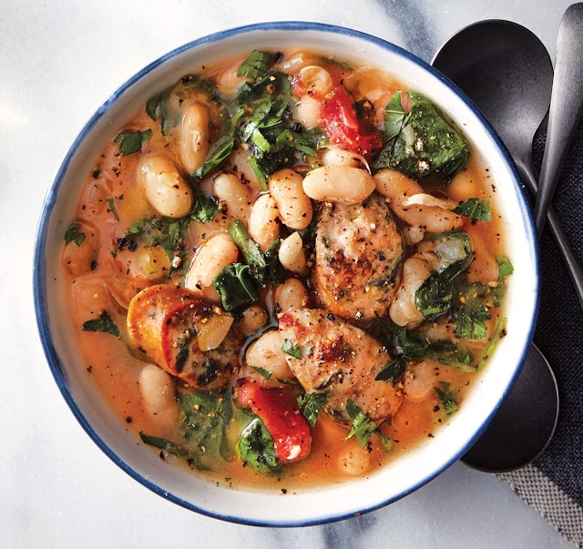 Slow-Cooker White Bean, Spinach and Sausage Stew