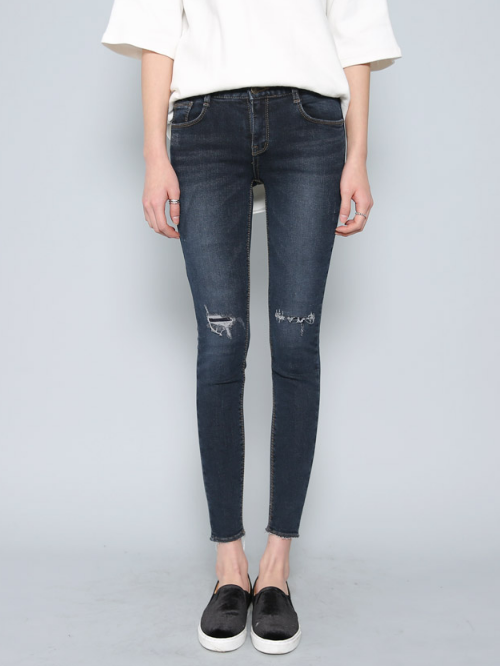 Rip-Patched Knees Skinny Washed Denim Jeans 