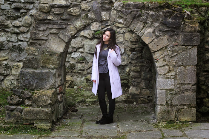 Pink Wool Coat New Look Southampton old town wall ruins Nevena Krstic gardens