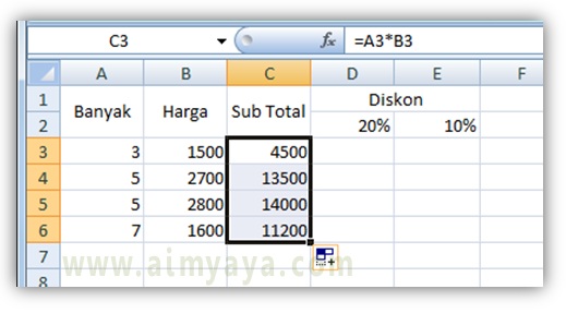  Gambar: Contoh hasil  copy paste rumus dengan cepat di excel