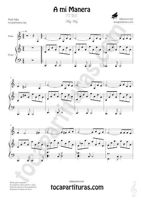  Partitura Jpg de Piano de la composición A mi manera canción Easy Sheet Music My way for pianists