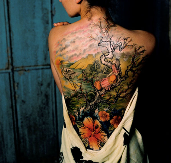 cherry blossom tree girl crane back tattoo