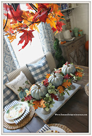 Fall- Tablescape-Chalk-Painted- Pumpkin -Centerpiece-Blue- From My Front Porch To Yours