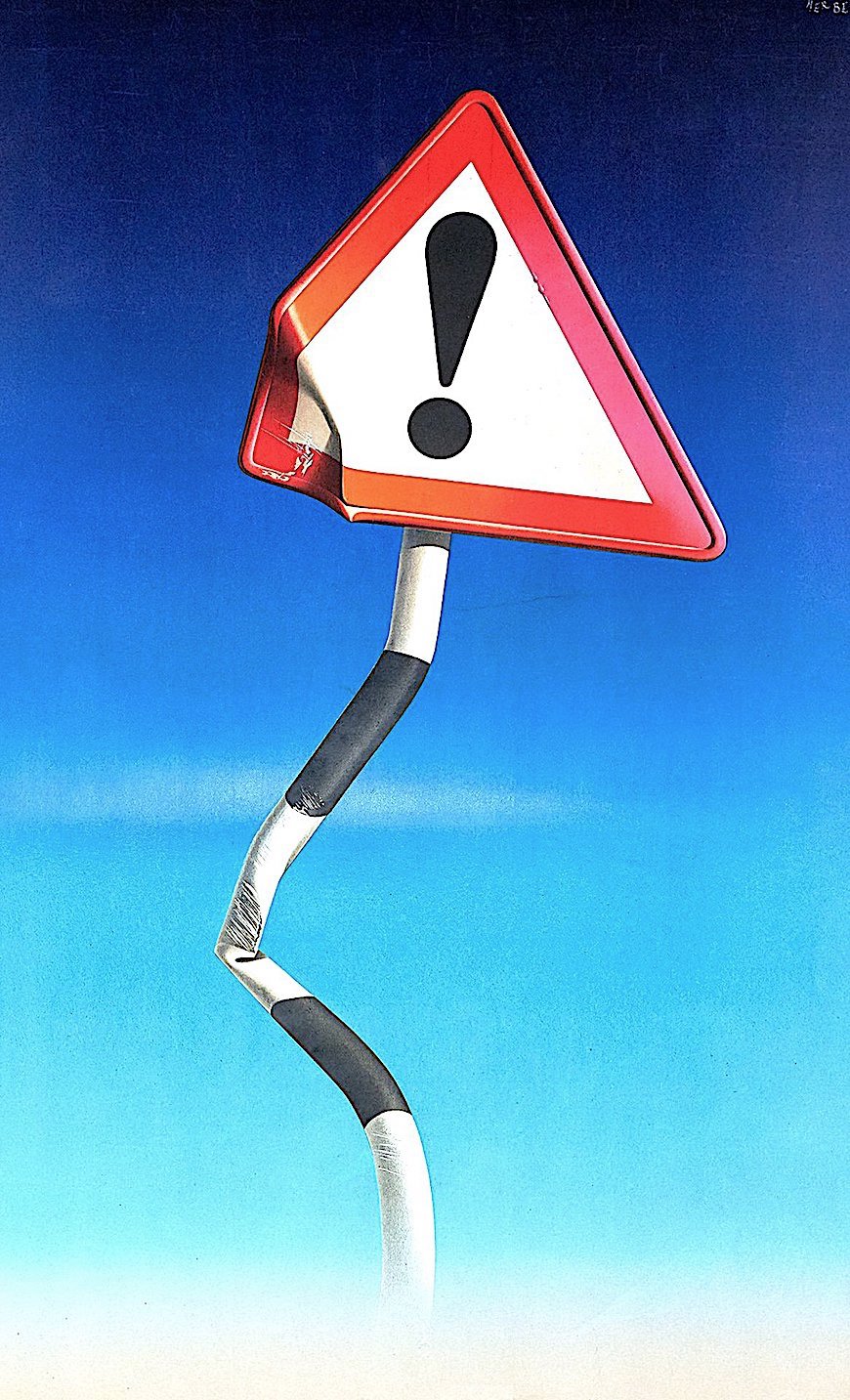 a Herbert Leupin 1947 poster illustration of a damaged traffic sign