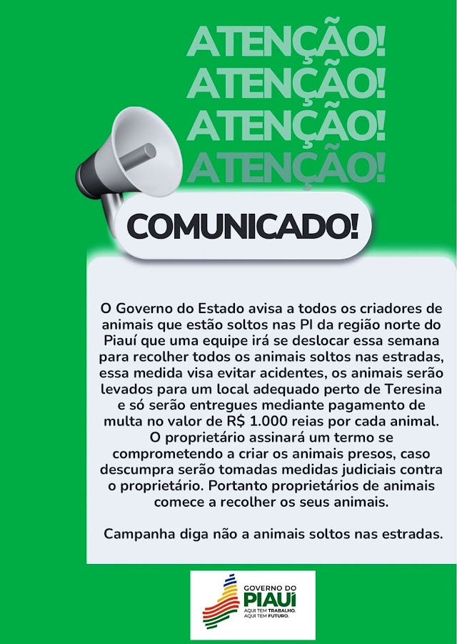 É Fake News informação sobre recolhimento de animais soltos em rodovias no norte do Piauí