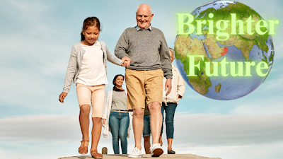 brighter future grandparents with children and globe image walking smiling happy