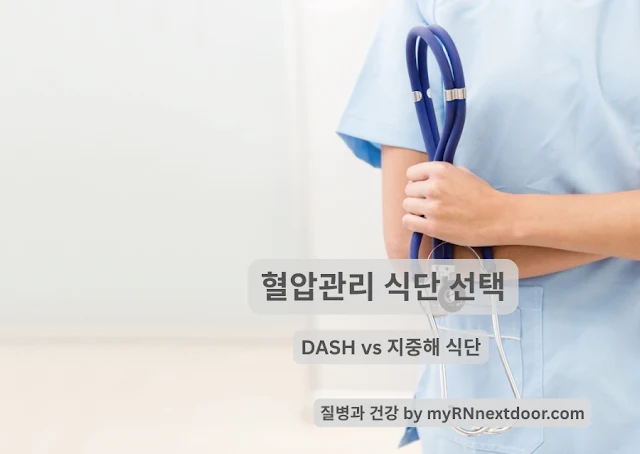 청진기를 든 의료인이 보이는 사진 위에 '혈압관리 식단 선택', 'DASH vs 지중해 식단'이라는 문구가 적혀 있고, 하단에는 질병과 건강 by myRNnextdoor.com이 표시되어 있다.