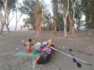 Our sleeping stuff on the beach, big trees