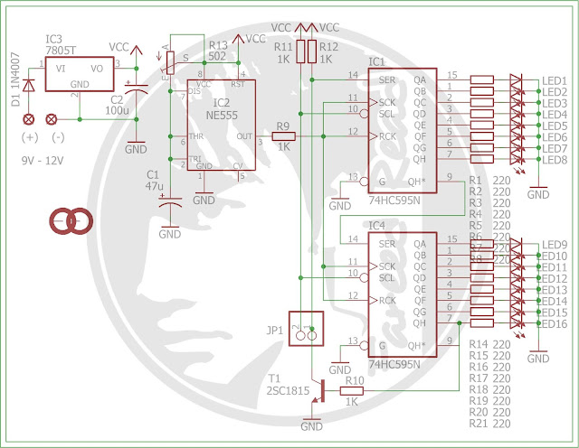 skema 2 ic Lampu Jetbus 2 Mode Menggunakan IC 74HC595 | Mode Jetbus dan Mode LED Meteor / LED Chaser