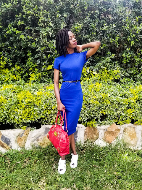 A Blue Bodycon Dress With Sneakers Outfit