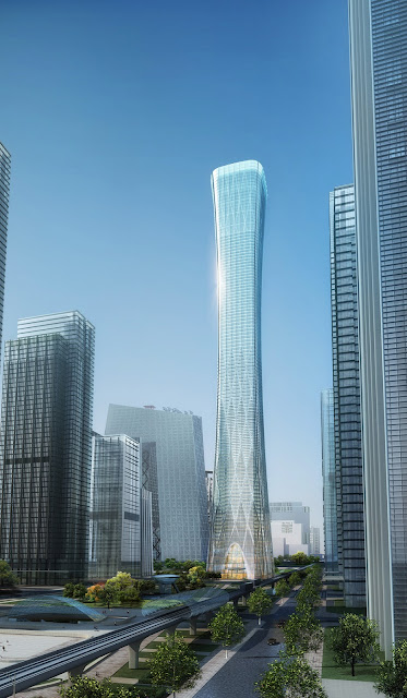 Rendering of China Zun (CITIC Plaza) by TFP Farrells, Beijing, China as seen from the street along with other buildings