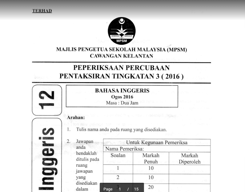 Panas : Soalan Percubaan Bahasa Inggeris PT3 2016 Dan 