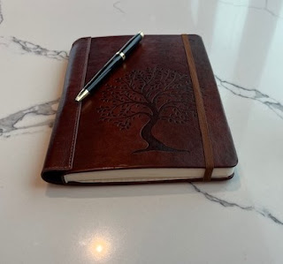 An image of my first journal, Faux leather with pen sitting atop