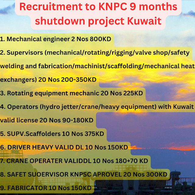 Recruitment to KNPC 9 months shutdown project Kuwait