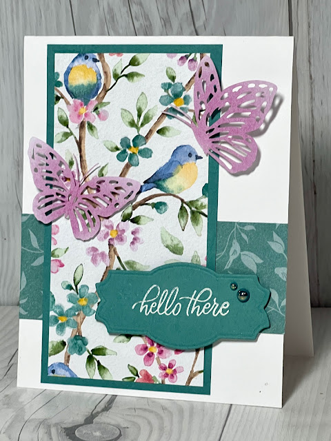 Greeting card using butterflies and bird-themed Flight & Airy Designer series Paper from Stampin' Up!