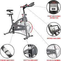 Sunny Health & Fitness SF-B1877 Endurance & Smart Indoor Cycle Spin Bike features: Performance Monitor, Device Holder, 29 lb flywheel, Bottle holder, Pulse sensors, image