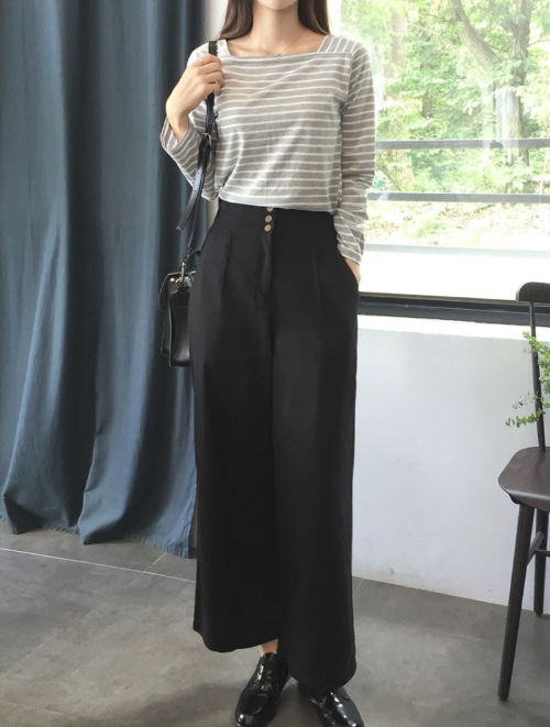 Button-Up Semi Elastic Waistband Wide Leg Pants