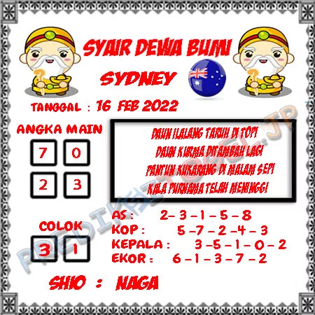 Syair Dewa Bumi Sydney Rabu 16-Feb-2022