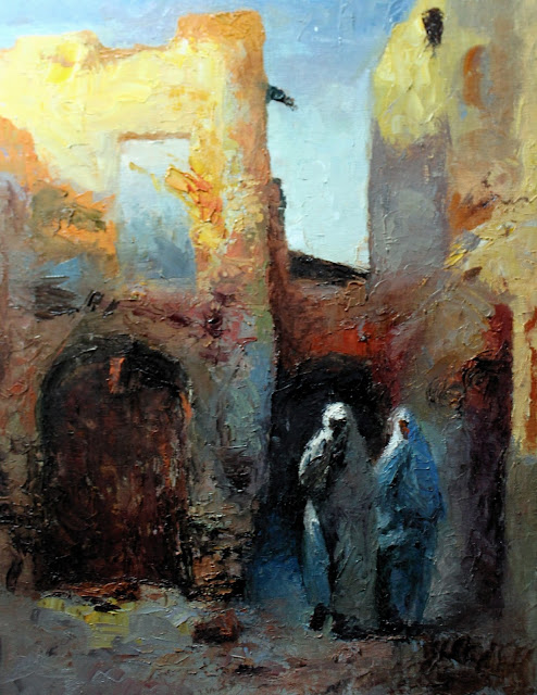 Le soir au vieux Ksar de Bousaâda, tableau en peinture à l'huile sur toile de  Toufik Lebcir