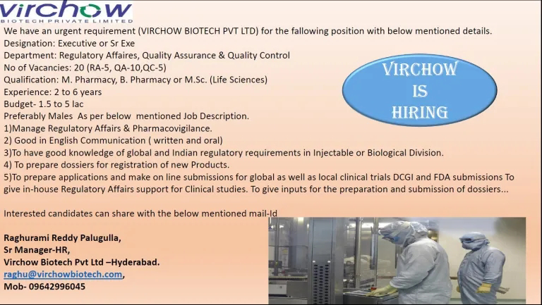 Job Availables,Virchow Biotech Pvt Ltd Job Vacancy For B.Pharm/ M.Pharm/ MSc