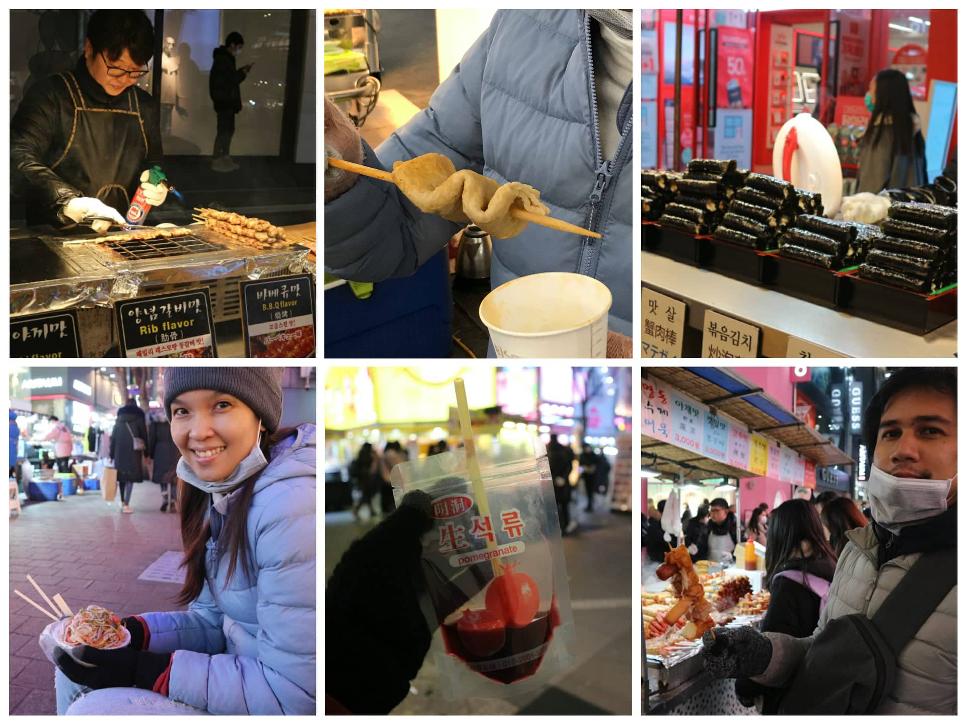 Eating different street food in Myeongdong