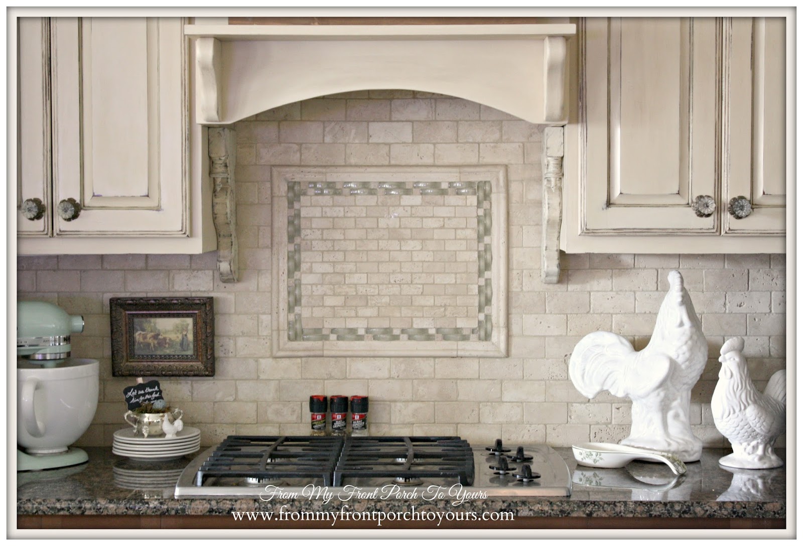 Travertine Tile Backsplash-French Farmhouse Kitchen- From My Front Porch To Yours