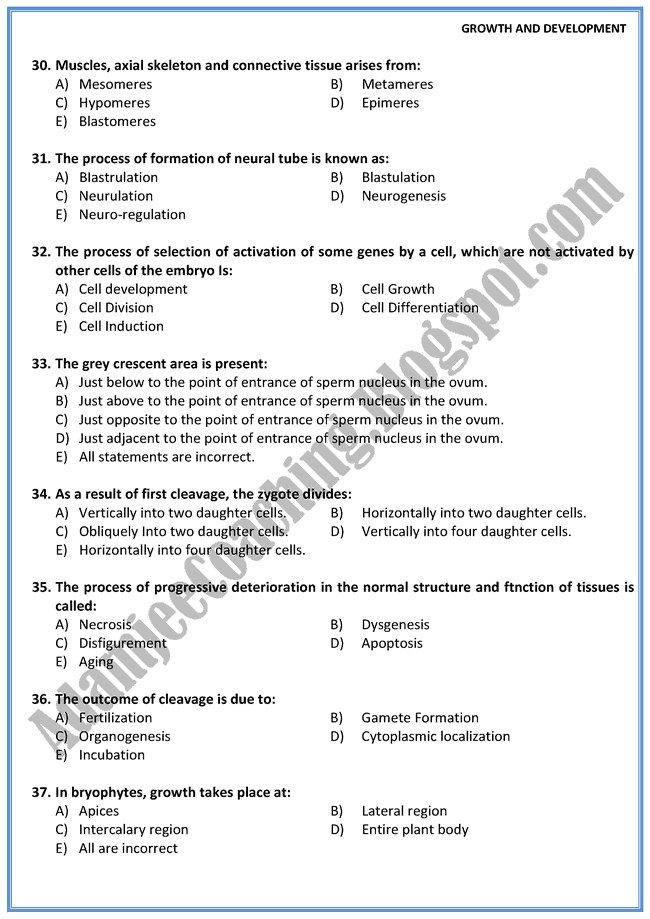 Biology Mcqs XII - Growth and Development - Mcqs