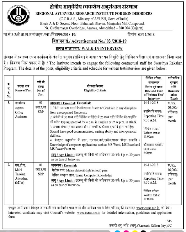 CCRAS Recruitment for Office Assistant & Multi Tasking Attendant Posts 2018