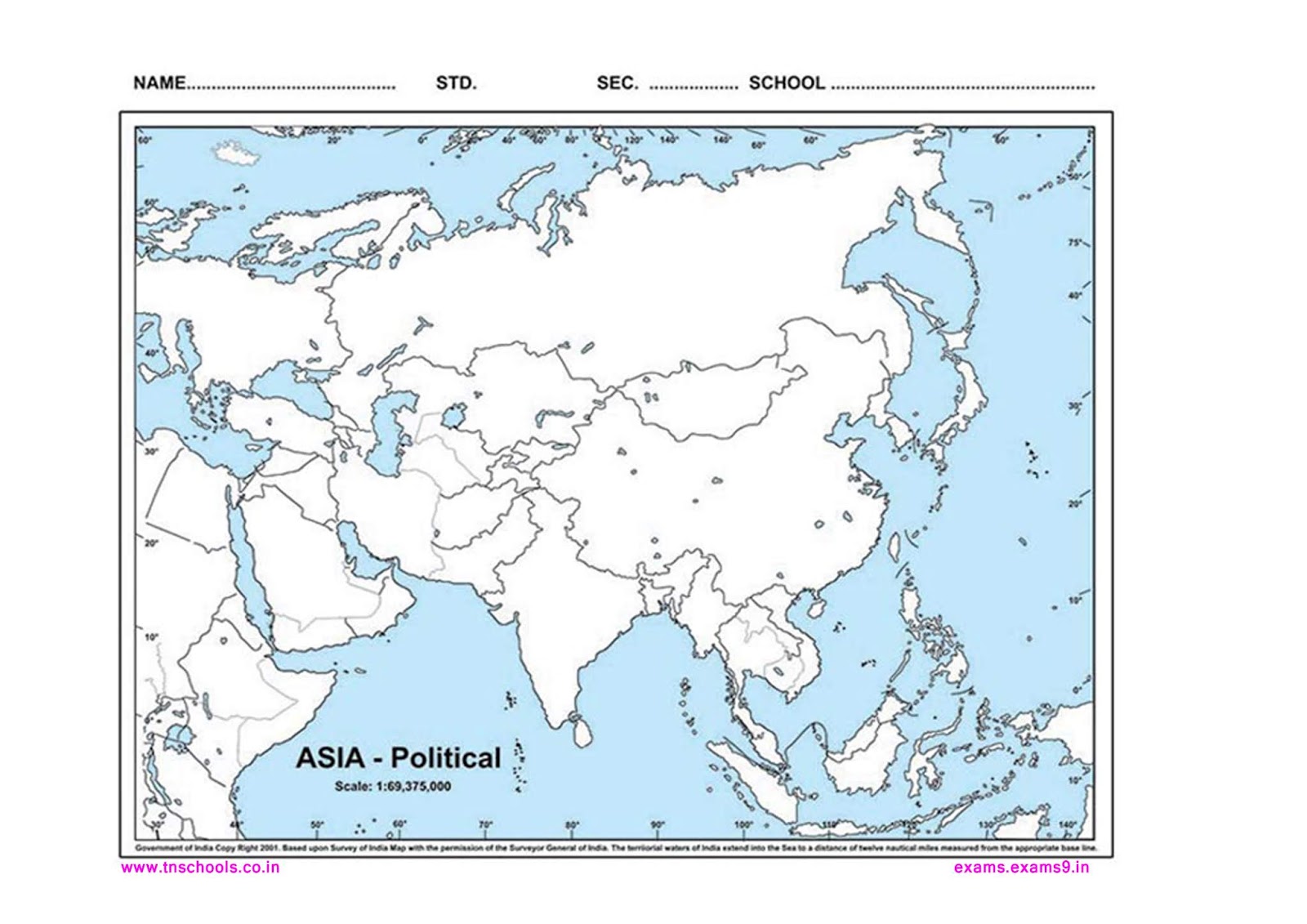 Asia Political outline map for school students ~ TNSCHOOLS