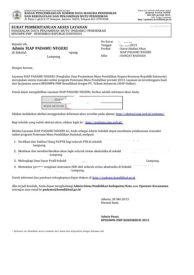 Contoh Formulir A01/A02/A03/A04, Surat Aktivasi Akun, dan 